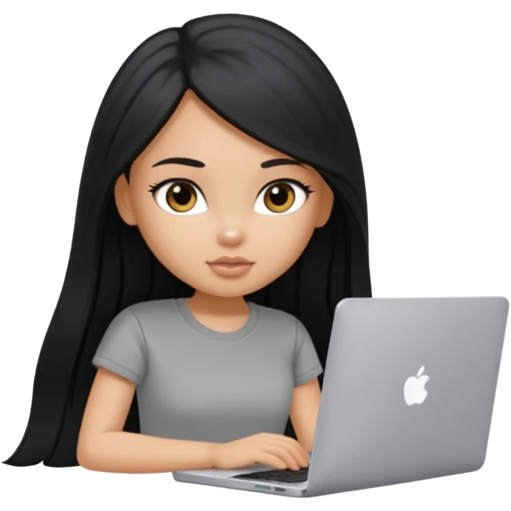 a pretty tan bratz girl with black long straight hair, wearing a grey tshirt using her laptop  emoji