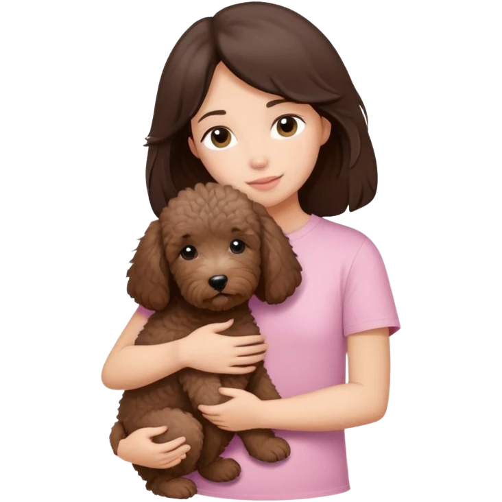 One girl with medium long dark brown hair dressing baby pink T-shirt, hugging One little brown coated labradoodle. emoji