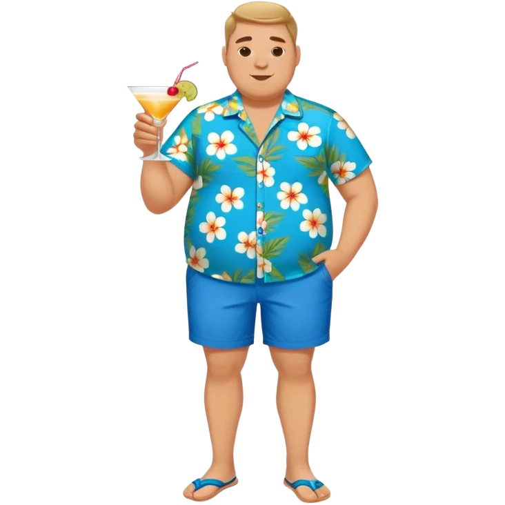 chubby guy full figure in a flowered azure havai shirt, brown shorts and flippers holding a cocktail emoji