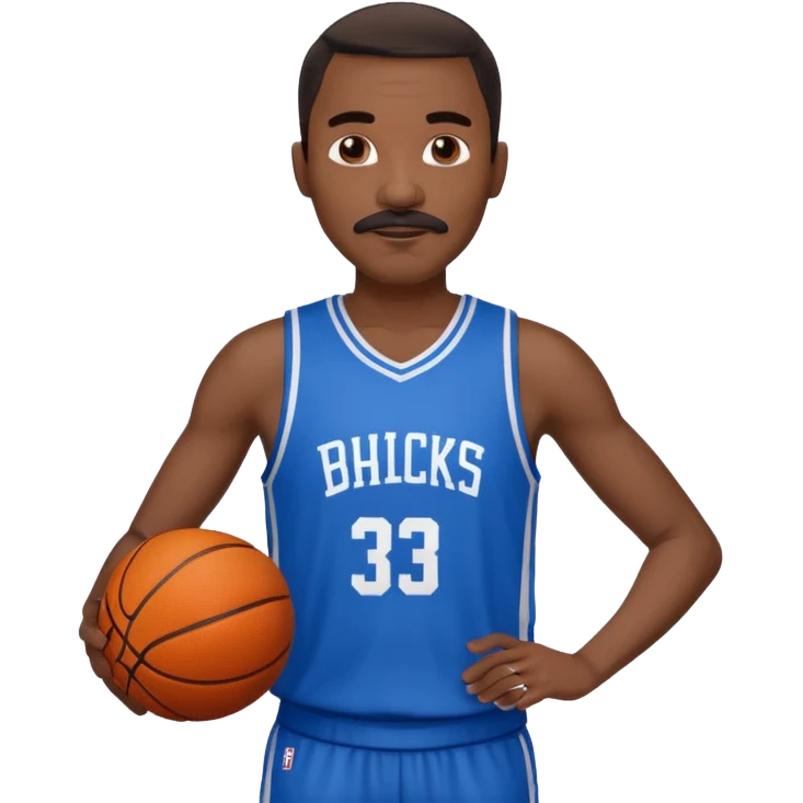 black bold man basketball player blue jersey with mustache holding basket ball emoji