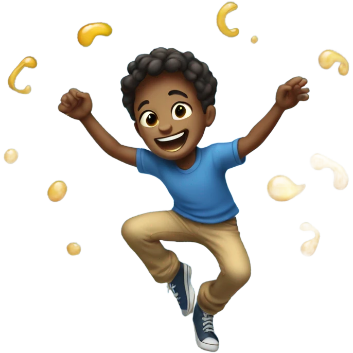 smiling boy in blue shirt dancing in oil emoji