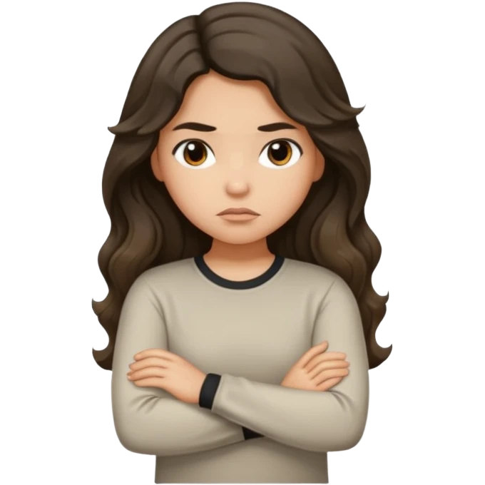 Hispanic light tan girl with long dark wavy hair with arms folded and pouting. Wearing a long sleeve. Hair with middle part. emoji