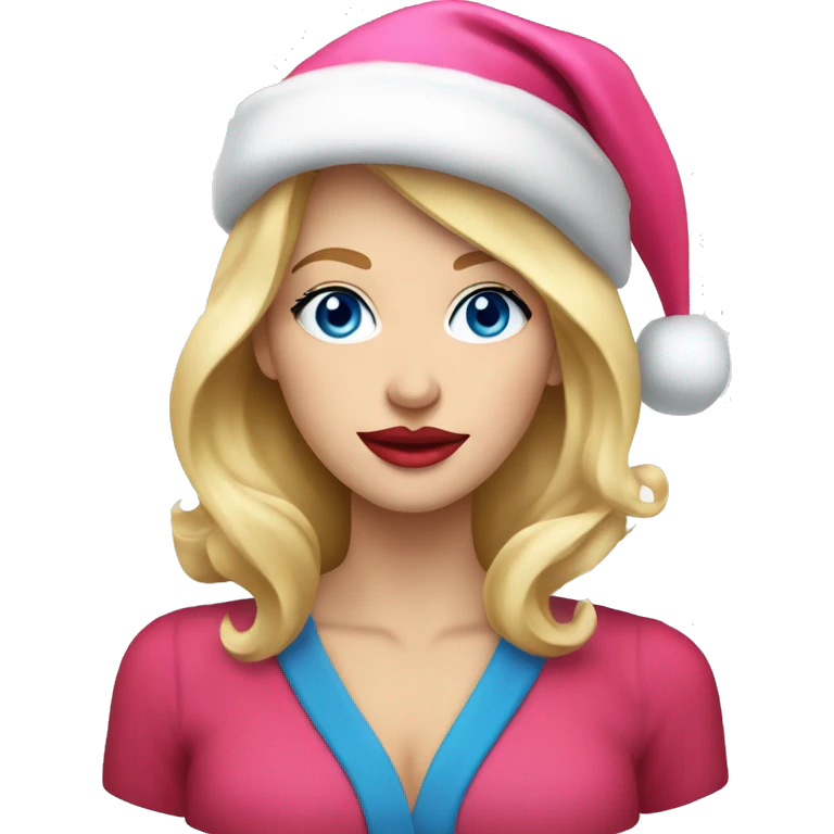 Beautiful blonde blue eyed woman, pink lips, wearing red santa hat emoji