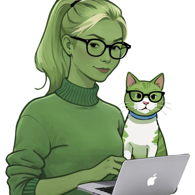 Blonde woman ponytail  with cat and MacBook  emoji
