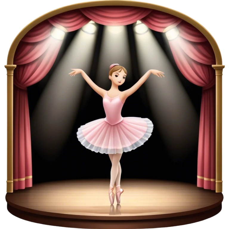 Icon for Ballet: a theater stage with silhouette of a ballerina in an elegant pose, surrounded by spotlight and stage lights. The icon should convey the grace and beauty of ballet, with focus on the dancer and the dramatic lighting. Transparent background. emoji