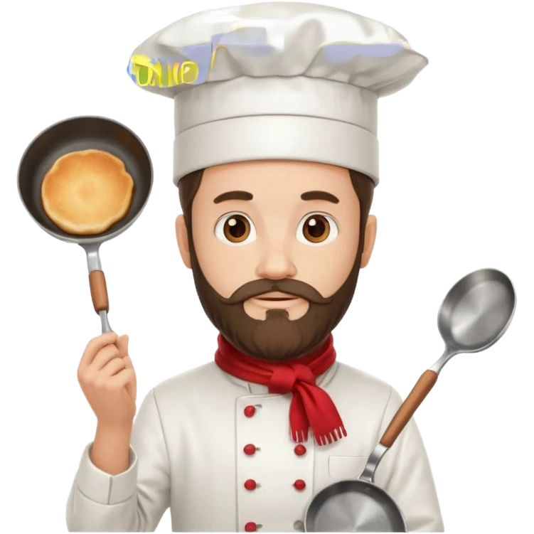 Bearded Chef – wearing tall white hat, red scarf, holding frying pan emoji