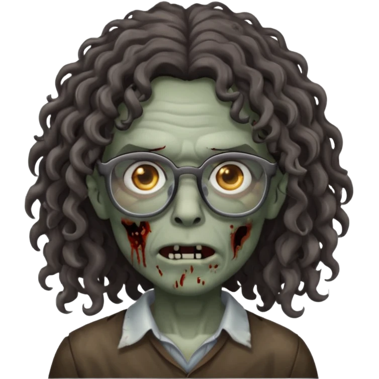 make a zombie with grey skin and long dark brown curly hair and glasses emoji