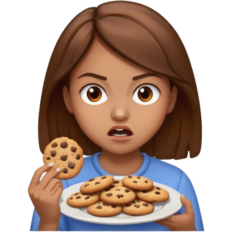 Angry girl brown hair that’s eating a plate of cookies emoji