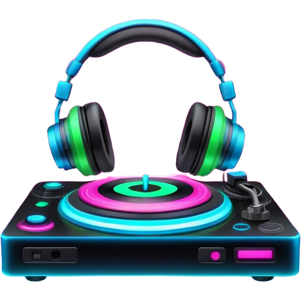 Create a dynamic and modern emoji that represents electronic music and DJing. The design should feature a turntable, DJ headphones, and glowing sound waves or a waveform, symbolizing the energy of mixing and electronic beats. Incorporate vibrant neon colors (e.g., electric blue, neon pink, or green) to represent the futuristic and pulsating nature of electronic music. The background should be transparent, with subtle details of flashing lights or abstract patterns to evoke the nightclub or festival atmosphere. emoji