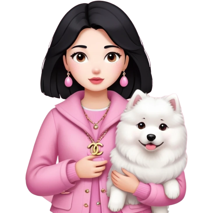 black-haired girl in pink Chanel style outfit with white Samoyed dog emoji