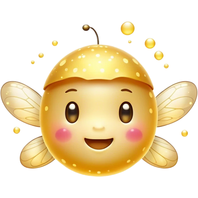 Cinematic tiny glowing firefly, round and chubby, soft golden light, tiny happy face, gentle floating motion, surrounded by dreamy sparkling dots. emoji