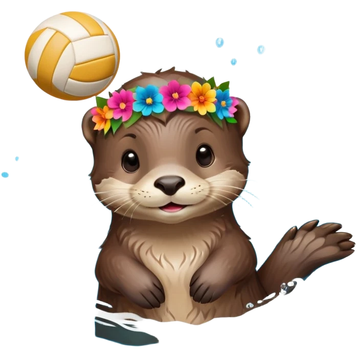 super cute baby otter with a colorful flower crown ring around its head, gentle expression, FLOATING ON EXTREMELY OBVIOUS BRIGHT BLUE WATER with exaggerated large waves, splashes and ripples surrounding the otter, baby otter holding a volleyball with both paws above the very prominent water emoji