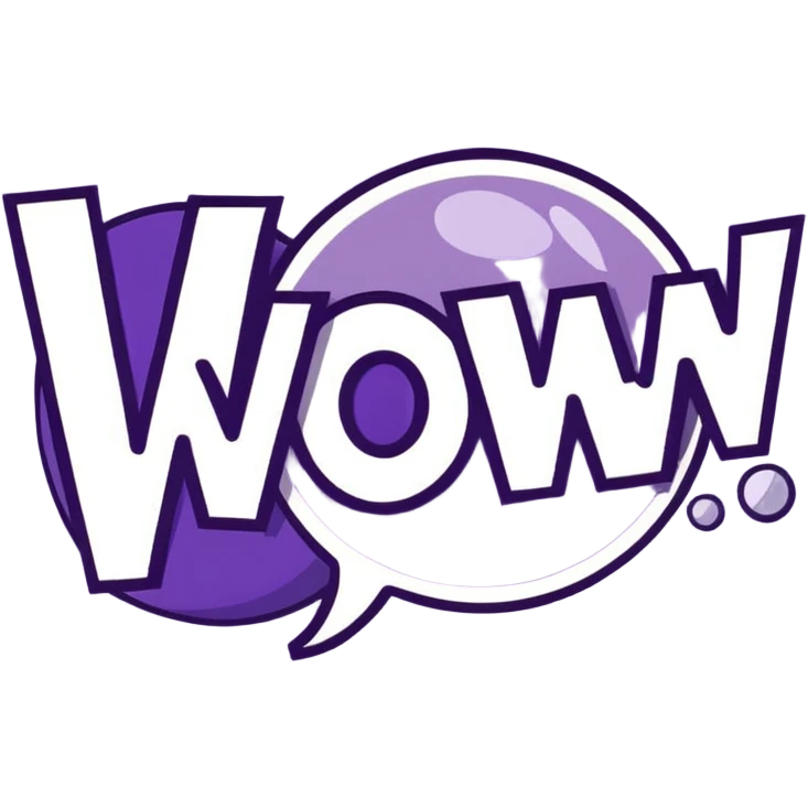 Purple bubble with white text saying "WOW!" emoji