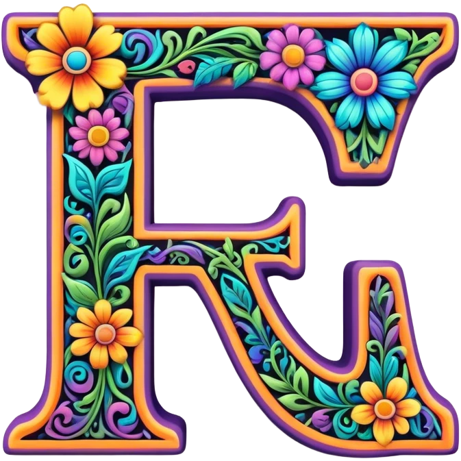 3D, gothic style psychedelic colored Letter T with hippie style flower border emoji