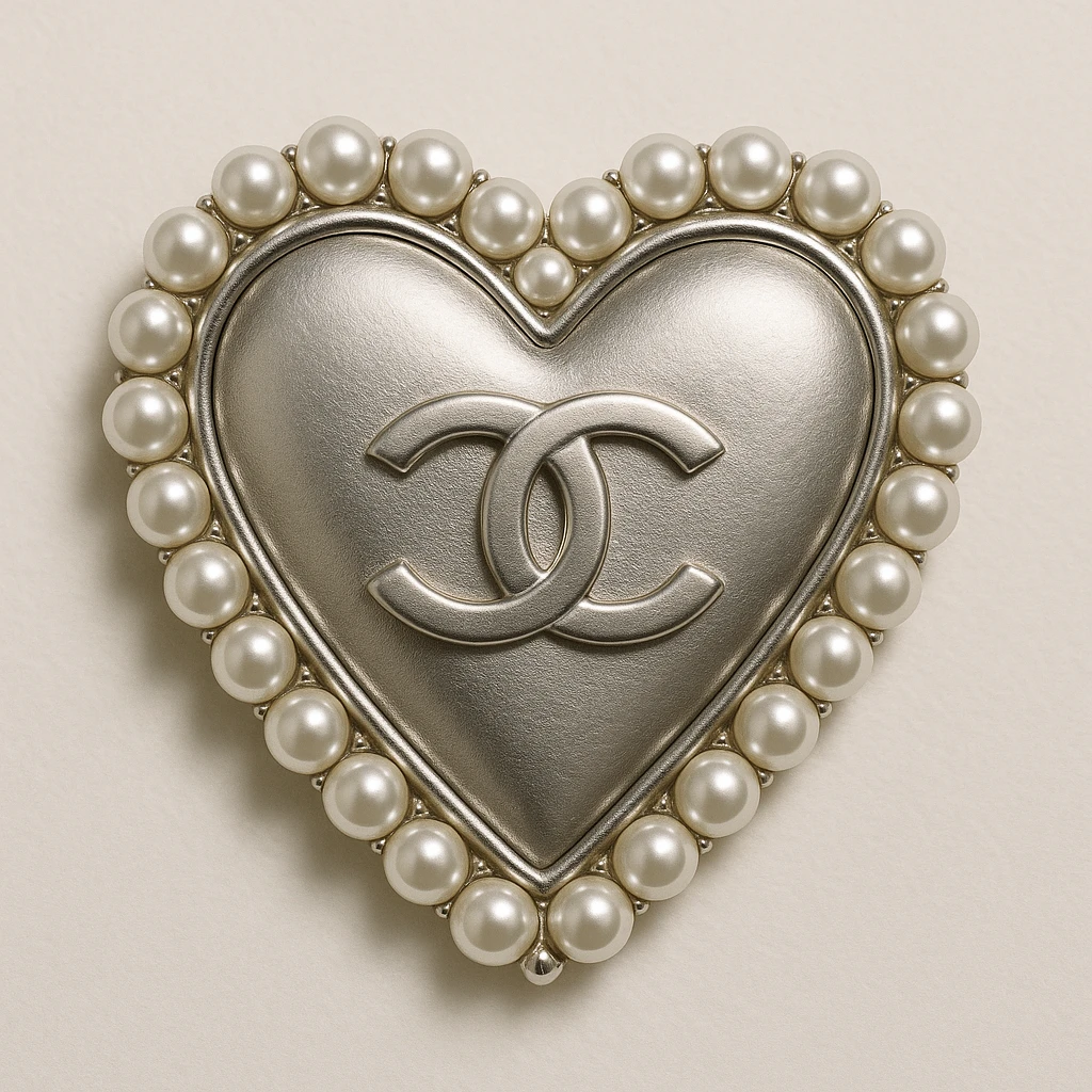 Classic Chanel heart with a metallic silver finish, pearl border, and interlocking C's, sophisticated and iconic design. emoji