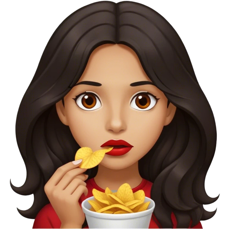 make a tan girl with wavy black long hair length. Medium small lips, dark brown eyes. and a thin straight down long nose. Make her eating red chips emoji
