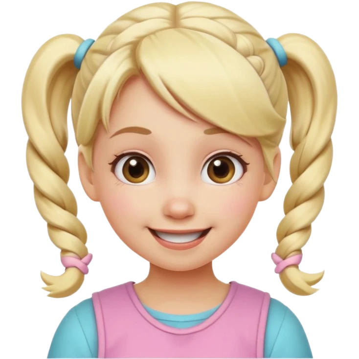 A playful blonde female cartoon character with wide, mischievous eyes, smiling, pigtail, dynamic pose suggesting movement, pastel colors, minimalistic and cute emoji style. emoji