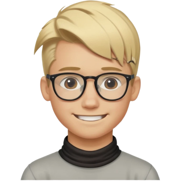 blond hair teen boy pony tail undercut with tattoo on his neck, wearing glasses, strong built, smile warmly  emoji