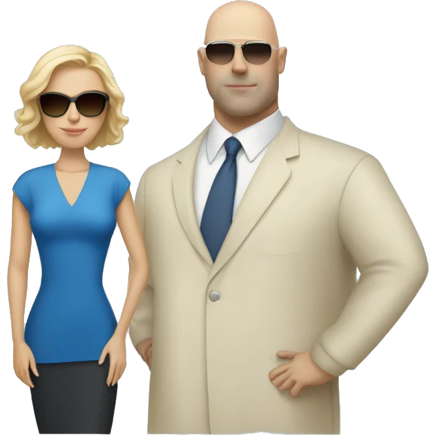 White woman with blonde hair wearing sunglasses and a blue dress, standing next to a tall bald white man  emoji