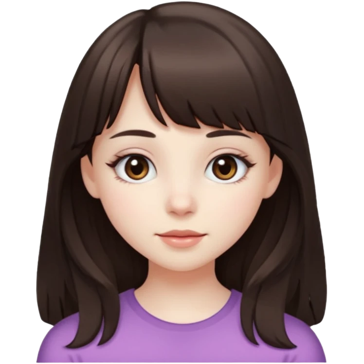 brunette girl with dark brown eyes, pale rosy skin, long hair and wispy bangs emoji