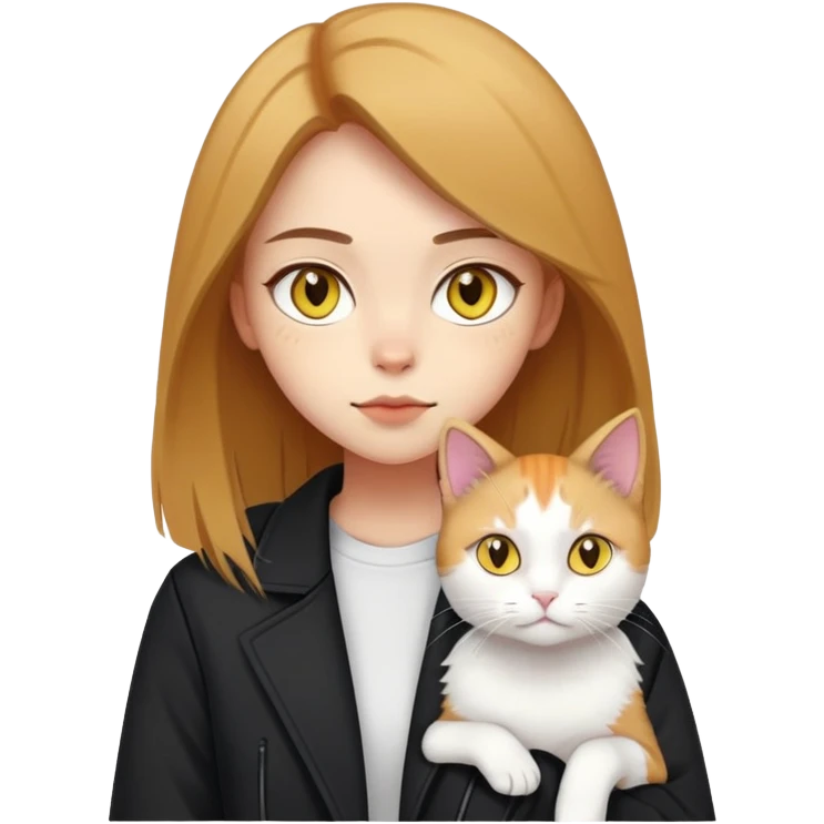 A light-skinned brown straight-haired girl wearing black jacket, along with two cats. One cat is pure white cat with yellow eyes, another is a calico cat emoji
