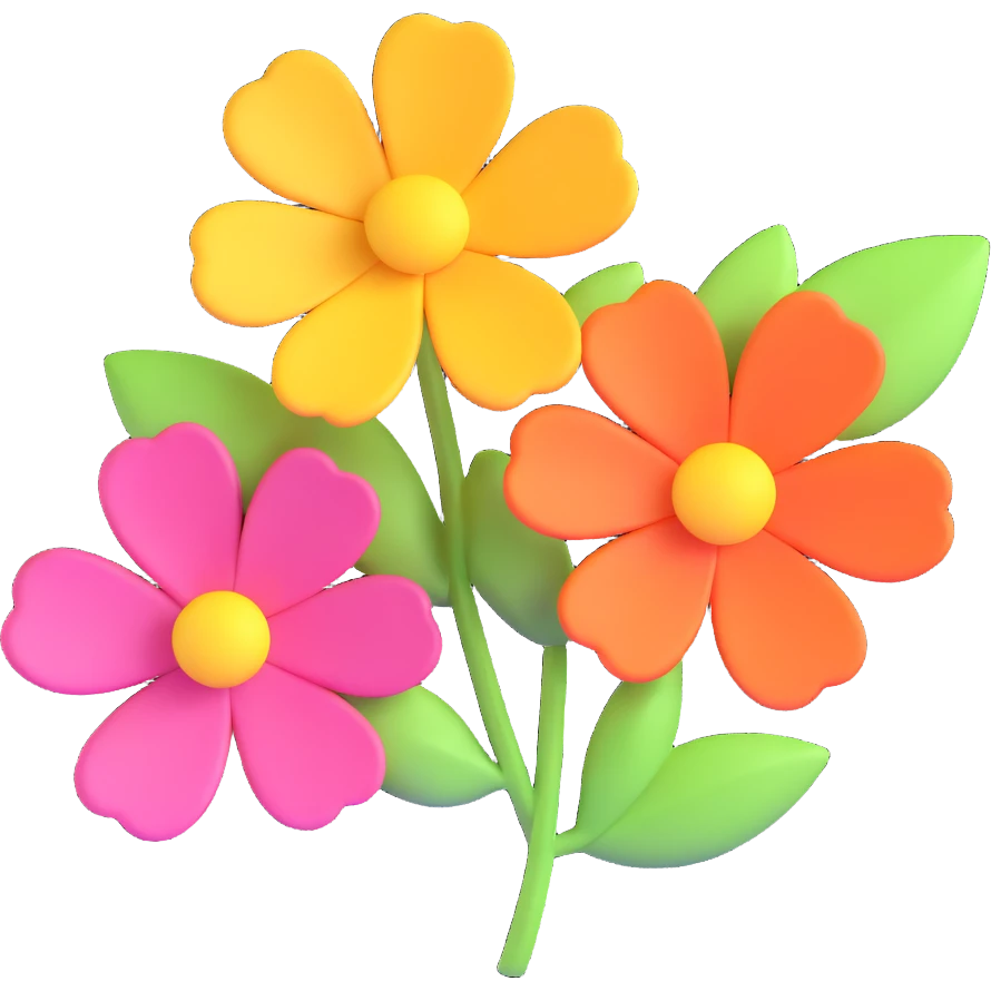sweet and happy 3D flower, vibrant but soft colors, cute style emoji