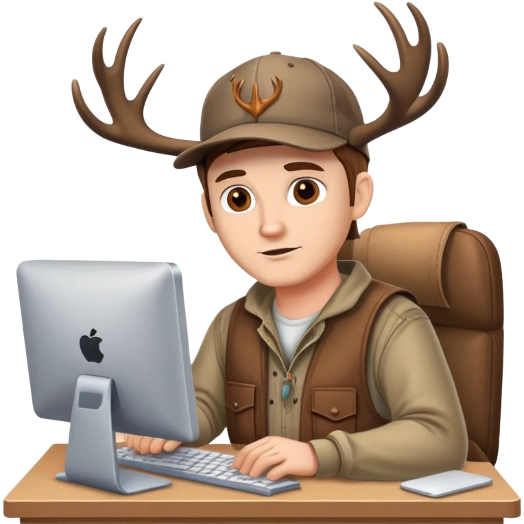 White Guy works at computer with the cap and deers antlers, redneck clothes, brown eyes  emoji