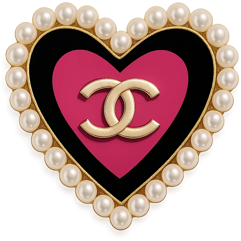  only the elegant heart with pearls and gold Chanel logo,  with no background. black pink,  emoji