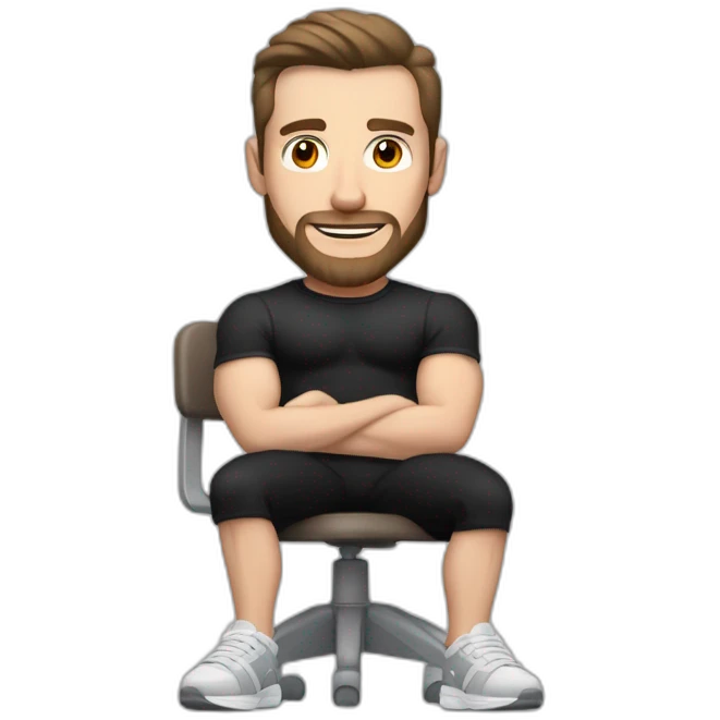 Pale skinned Fit Man With the biceps and dark brown hair in black shirt, gray sports shorts and white Sneakers Sitting on a chair emoji