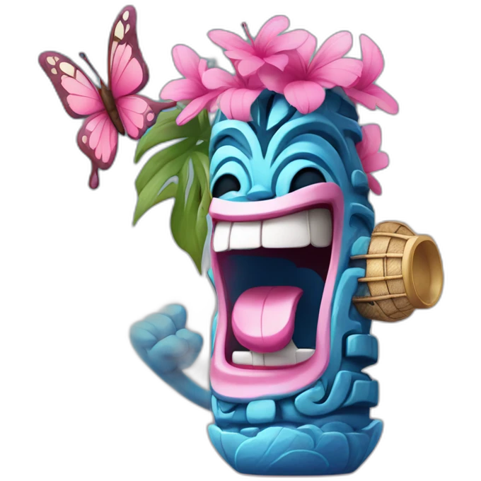 Cartoon Blue and pink tiki singing with butterfly and in the mike emoji