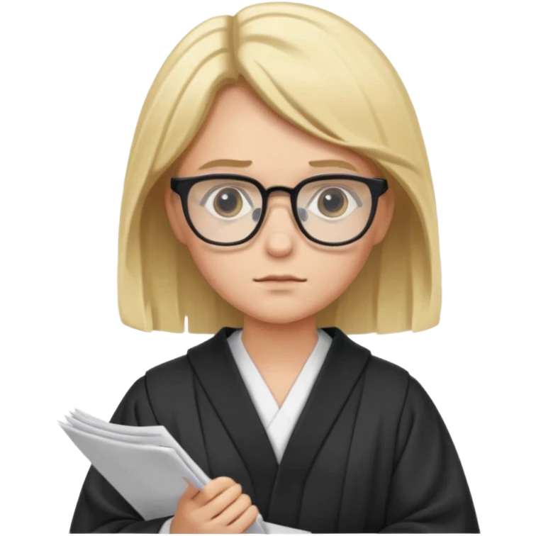 Young judge, blonde hair with glasses and robe, hold a paper emoji