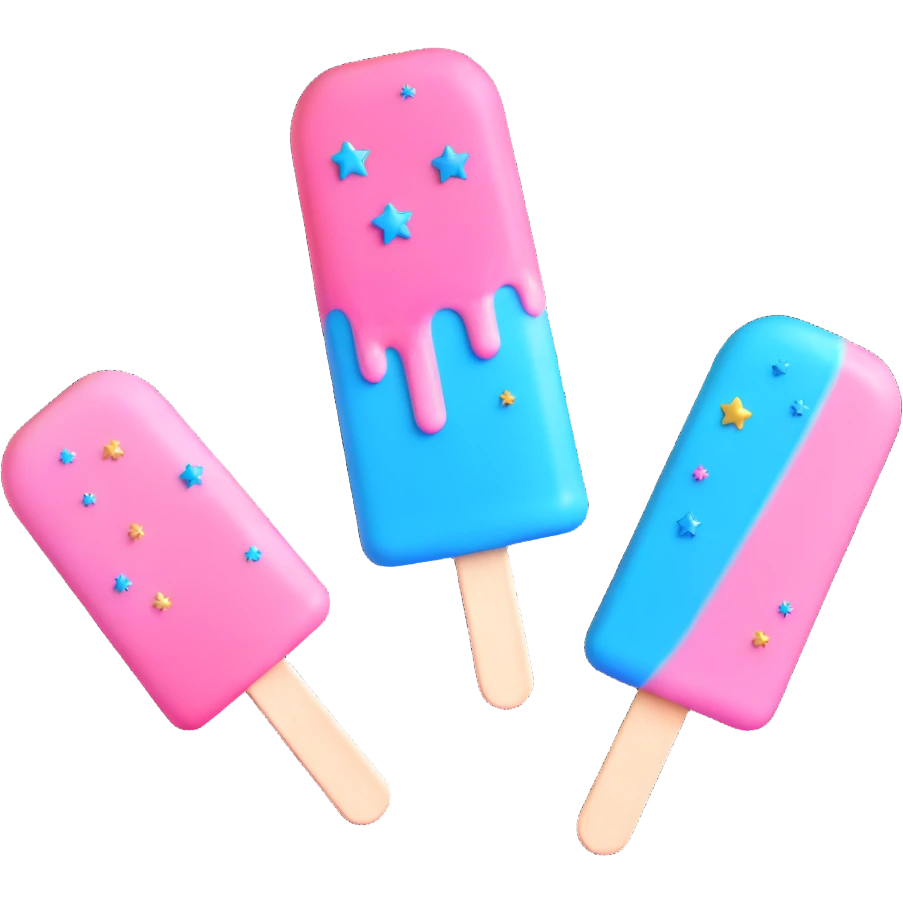 Pastel pink and blue popsicle with melting icing, sparkles, and star decorations, shiny and glossy, on a white background in 3D emoji style. emoji