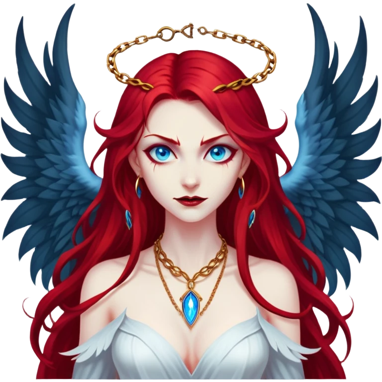 extremely diabolical girl with massive towering wings, very long flowing blood red hair, glowing blue eyes, black hellfire aura, no horns, evil grin, gold necklace emoji