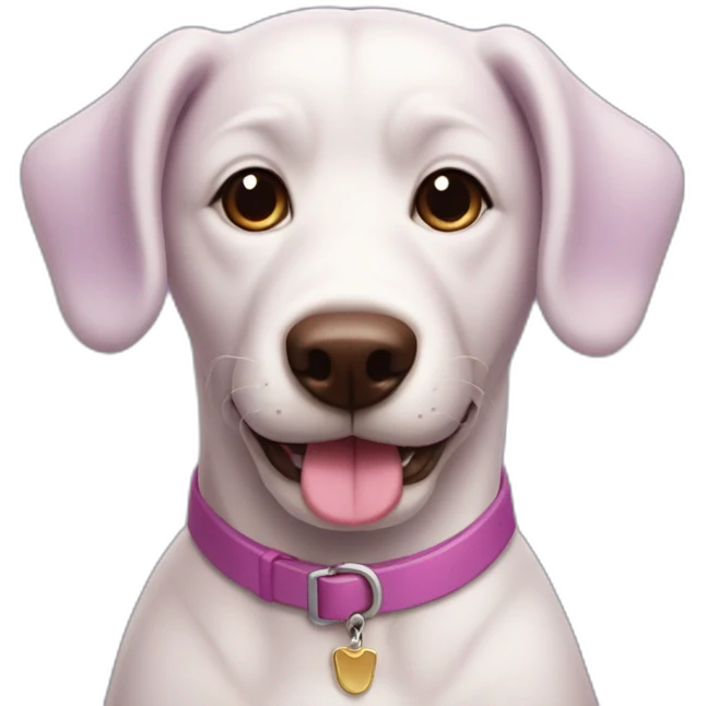 a purple dog with a brown nose and a pink collar with a bone happy  emoji