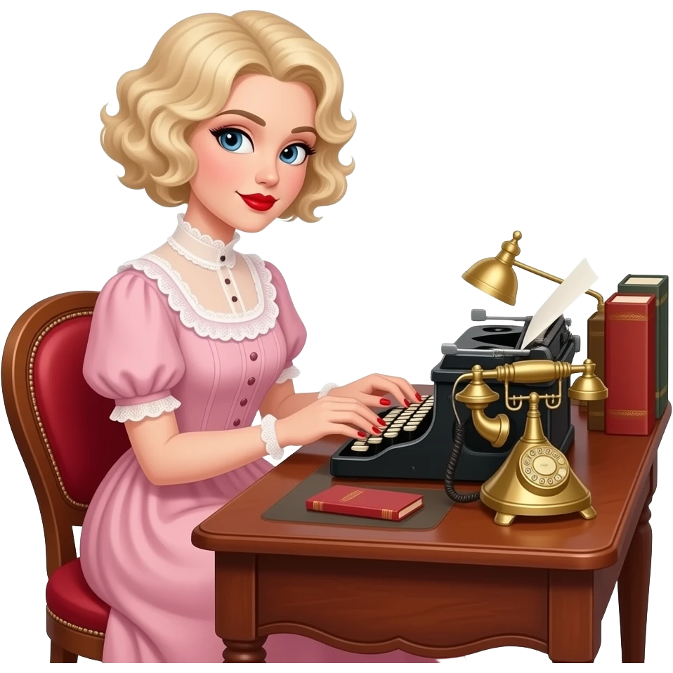 short blonde curly pixie bob hair in a 1800 pink outfit sitting down an antique desk, antique phone, and typing on an antique typewriter with red lipstick, red finger nails and in a Victorian setting emoji