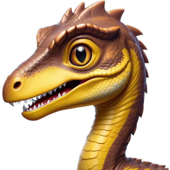 Cinematic Cute jurassic park Velociraptor Portrait Emoji, Head tilted playfully with a cheeky smirk, featuring a compact, agile form with smooth, dark scales and softened, expressive eyes that sparkle with mischievous charm, Simplified yet irresistibly adorable features, highly detailed, glowing with a warm, inviting prehistoric glow, high shine, affectionate and lively, stylized with a touch of whimsical dinosaur mischief, soft glowing outline, capturing the essence of a playful jurassic park Velociraptor that seems as if it could sprint out of the screen into your heart! emoji
