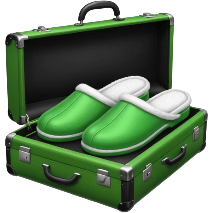 Feet with white socks wearing green house slippers standing on a briefcase emoji