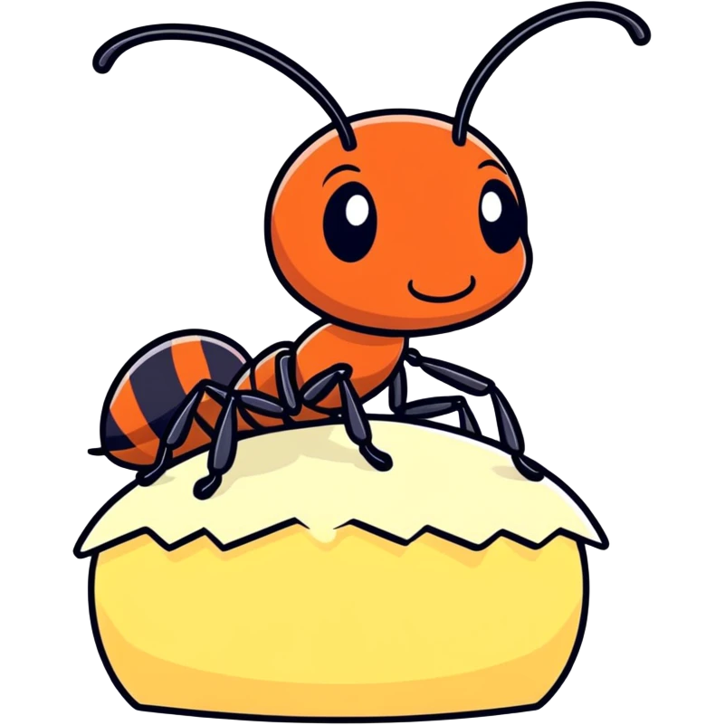 Cartoon ant sitting on a piece of rice emoji