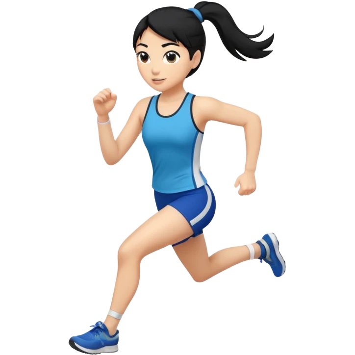Full body showing from the front White woman running black hair on a ponytail emoji