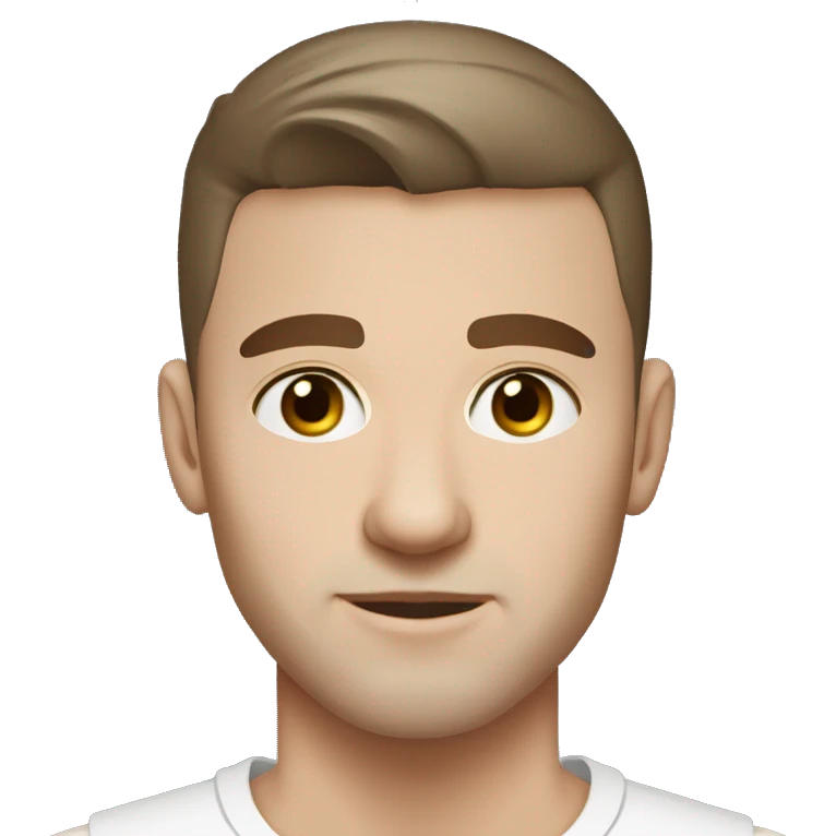 A slavic guy with blue eyes, light skin, shaved dark brown hair under 0.5, white T-shirt, silver earring piercing with cross on left ear. emoji