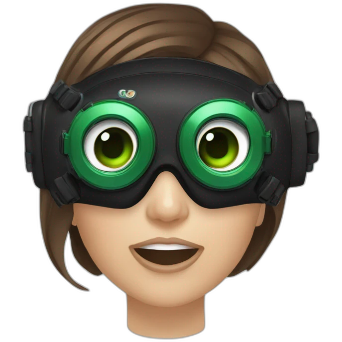 woman brown hair black diving mask with diving regulator in mouth, green eyes emoji