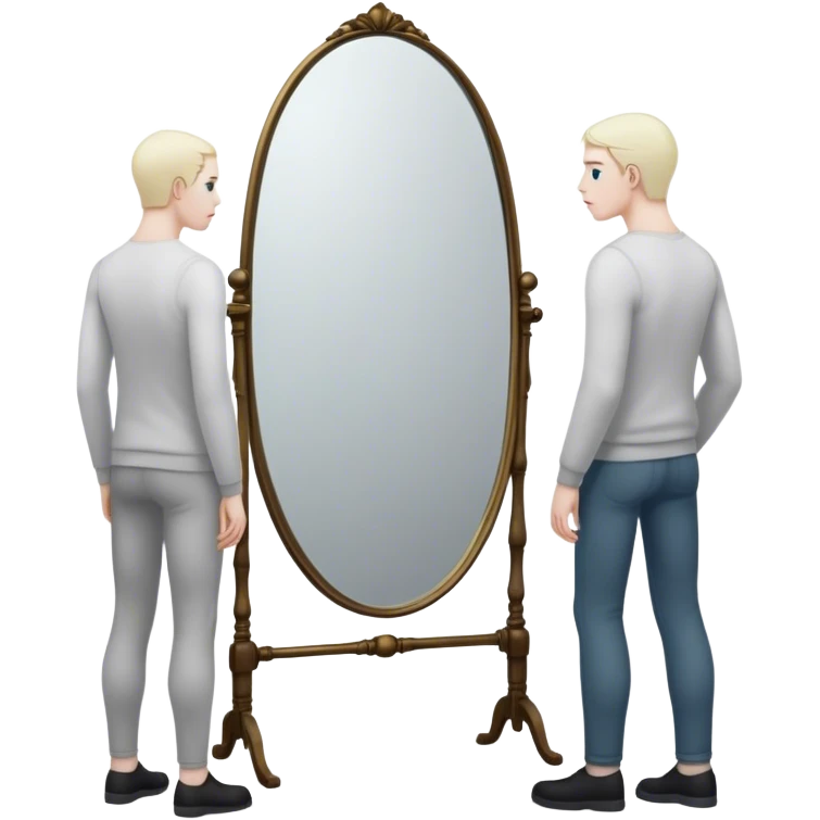 A person looks into a mirror, but instead of their own face, they see a larger figure watching them—distant, imposing, and unreadable. As they step back, the reflection fades, revealing only themselves. They turn away, realizing the power was never in the reflection but in walking away. emoji