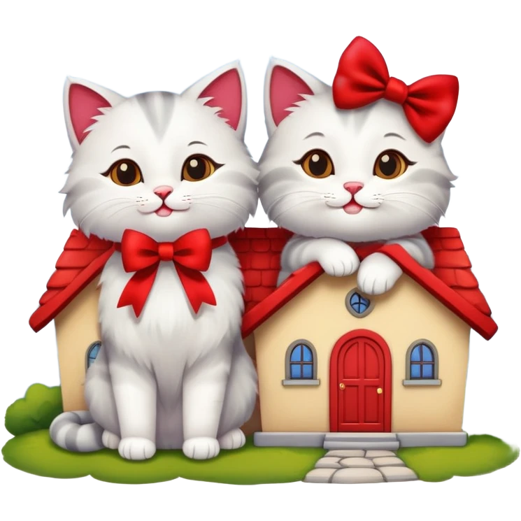 two happy cats in love with a house behind them that has a bow on the roof emoji
