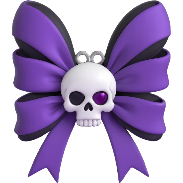3D emoji gothic bow, black velvet with silver skull charm and deep purple gemstone emoji