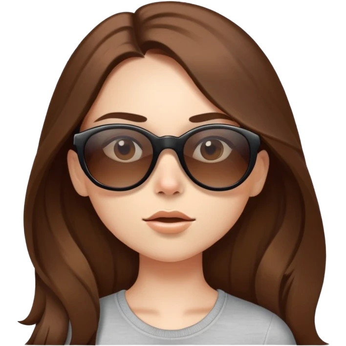 Girl with long brown hair wearing sunglasses and is having a little bit of attitude with the sunglasses a little bit lower on her nose, looking up at you questioning ￼￼ emoji