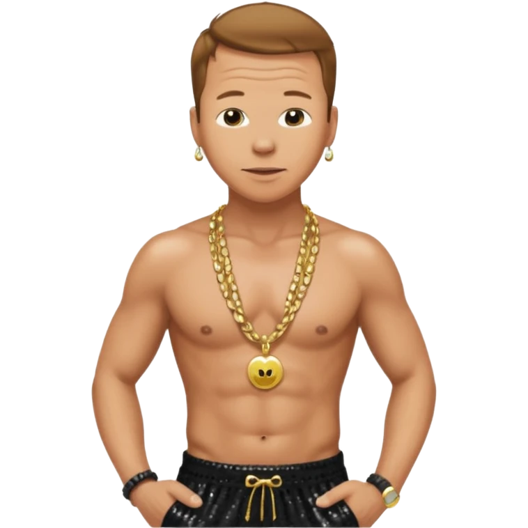 Donnie Wahlberg with golden brown hair, black sequin baggy pants, shirtless with necklace emoji