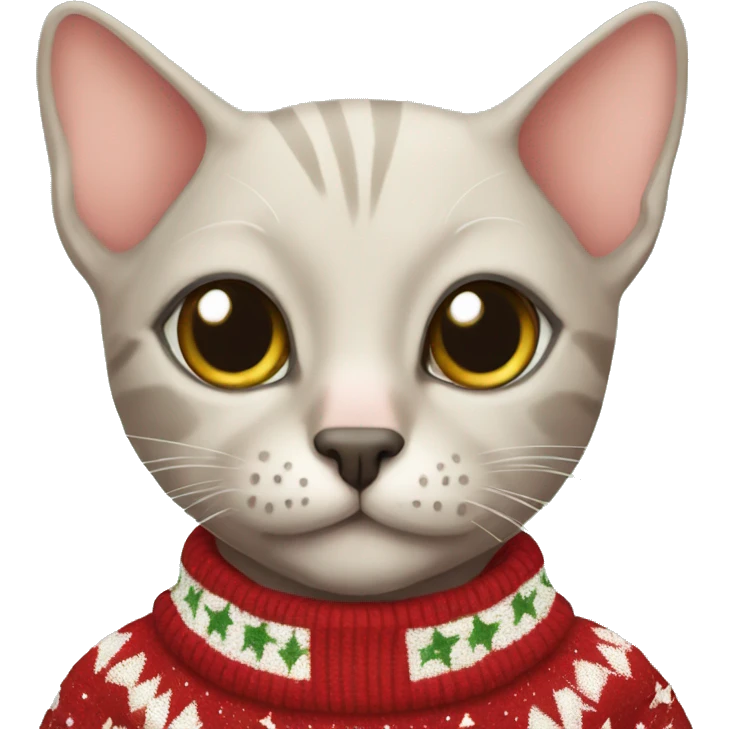 Hairless cat wearing Christmas sweater emoji