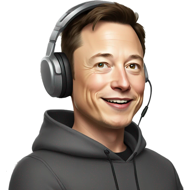 realistic happy Elon musk with hoodie wearing headsets emoji