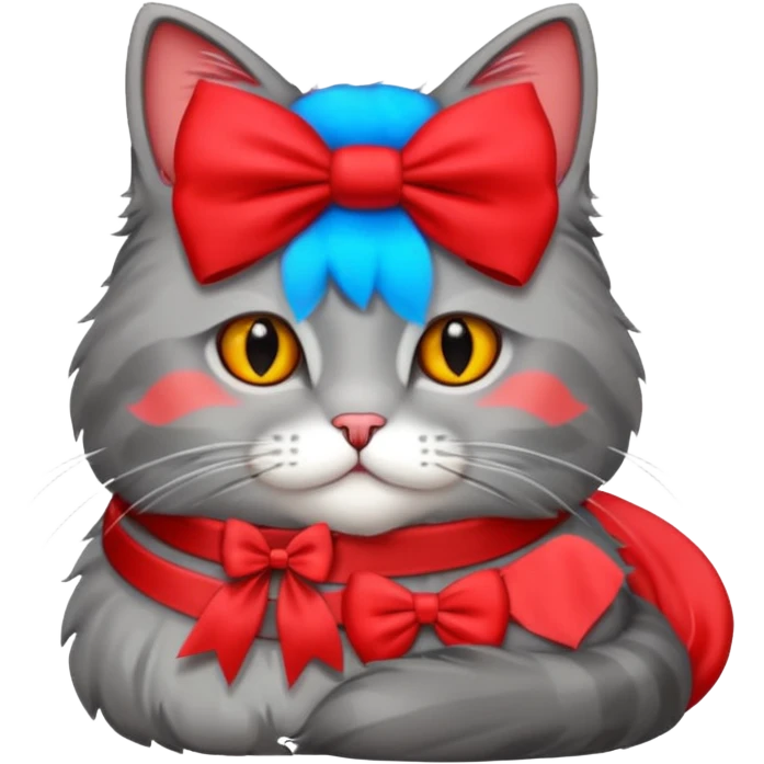 A fluffy grey cat is lying down with a red bow on its neck. emoji