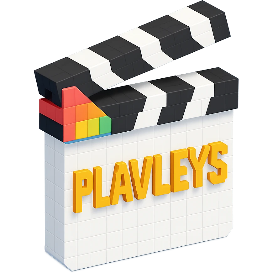voxel style movie clapperboard with the text 'PLAVLEYS', white body, black lid, isometric view emoji